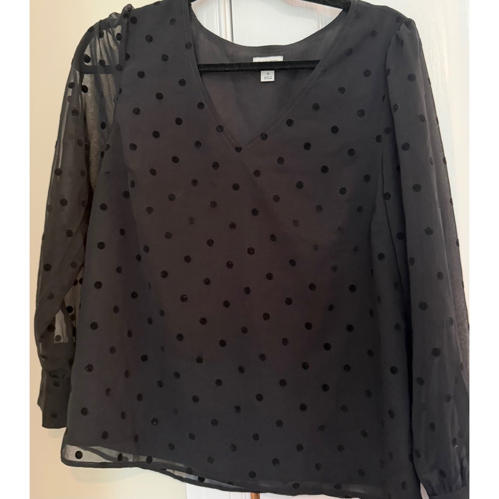 J.Crew Womens Black Flocked Polka Dot Sheer Sleeve‎ V-Neck Blouse Size S